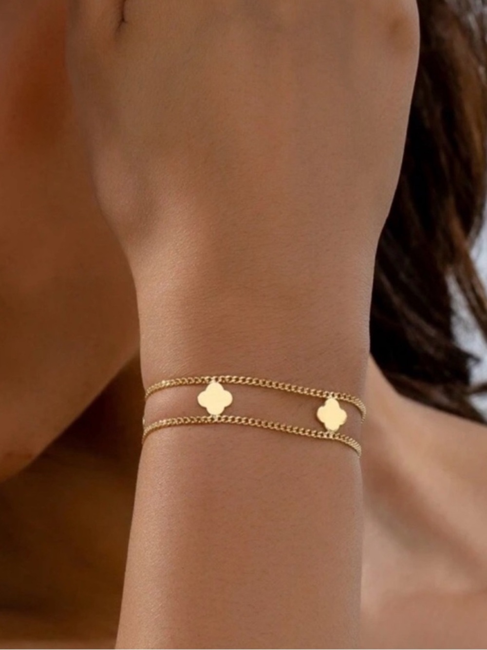Gold Plated Stainless Steel Clover Charm Double Chain Bracelet